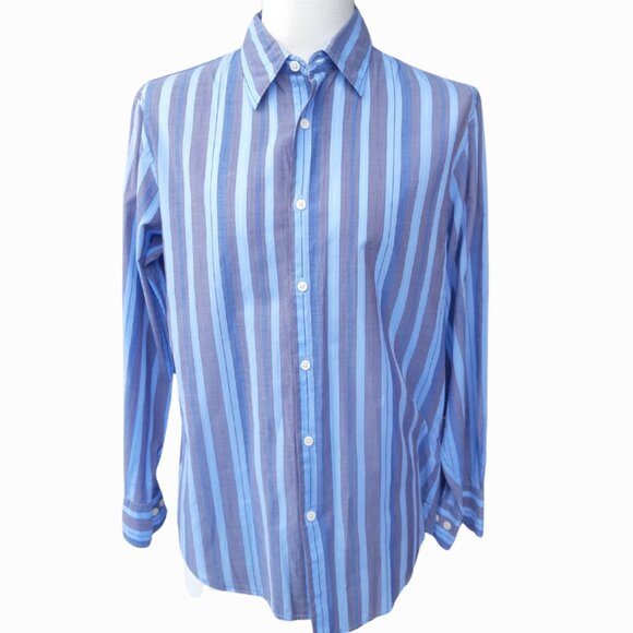 Claiborne by John Bartlett SZ M Blue Stiped Long Sleeve Men's Cotton Shirt - Picture 1 of 14
